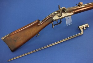 An antique Swiss Infantry percussion Rifle model 1863 by A. Francotte a Liege with Bayonet. Barrel 93cm. Caliber 10,5mm. Length 133cm. In good/very good condition. Price 850 euro