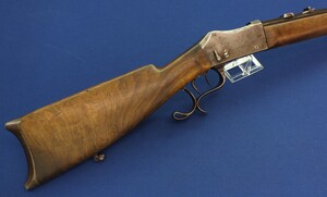 An antique Swiss Martini breechloading Rifle by J.U. Banziger St. Gallen. Caliber .410 shot and ball. Rim and Centerfire. 75,5cm barrel. Set-triggers. Length 119cm. In very good condition. Price 695 Euro.