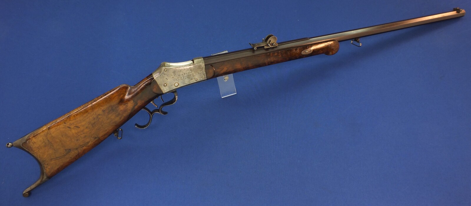 An antique Swiss Martini-Henry Breechloading Target Rifle by Rud. Elmer St. Gallen. Caliber 41 Swiss Rim and Centerfire. Set-triggers. 80cm octagon barrel. Length 128cm. In very good condition. Price 1.150 euro