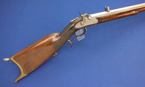 An antique Swiss Percussion Rifle signed De Pierre Gross a Jussy, caliber 17 mm rifled, length 125 cm, in very good condition. Price 1.900 euro