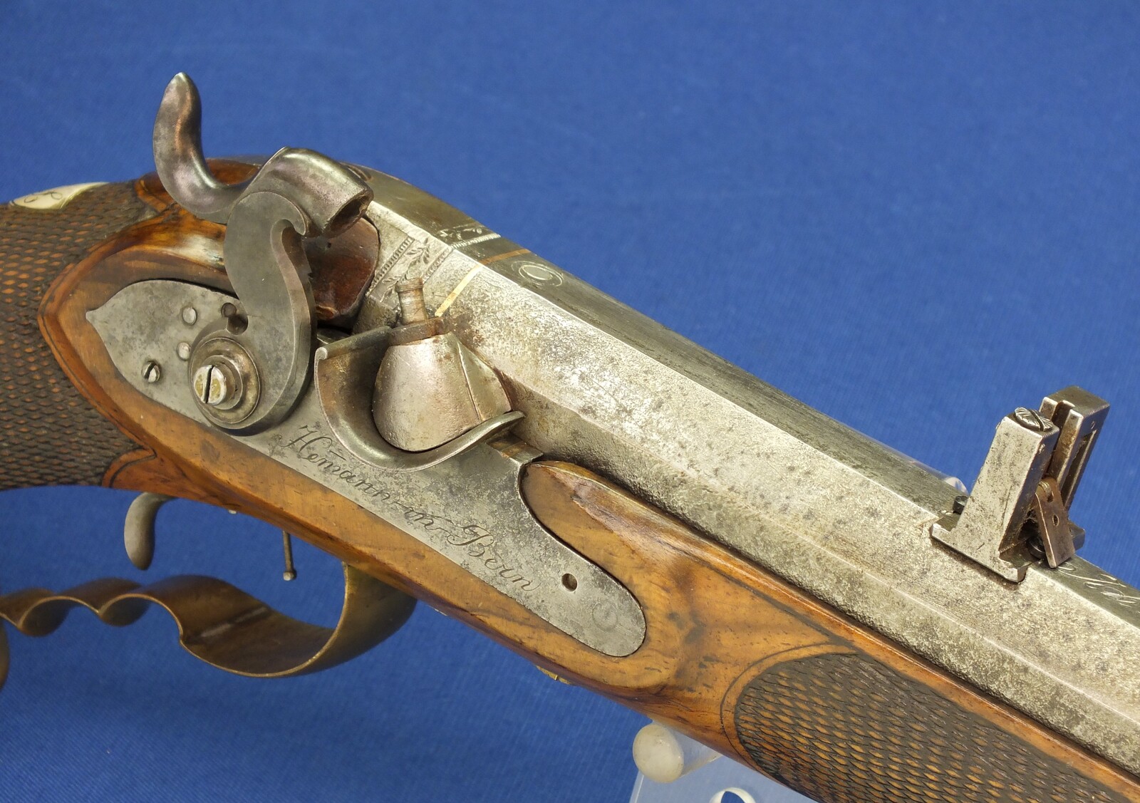 An antique Swiss Percussion Rifle signed  on the lock 