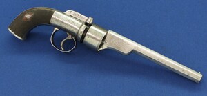 An English Transitional 6 shot double action 50 Bore Percussion Revolver. 6-3/4 inch octagonal barrel. Length 35cm. In good/very good condition. Price 795 euro.