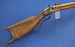 An unrestored antique Swiss Percussion Target Rifle, circa 1800, converted from flintlock, caliber 17 mm. 104cm octagon barrel. Set-Triggers. Length 143 cm. In fair condition. Price 495 euro